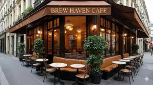 A street-level, landscape view of an elegant corner cafe named "BREW HAVEN CAFE." 